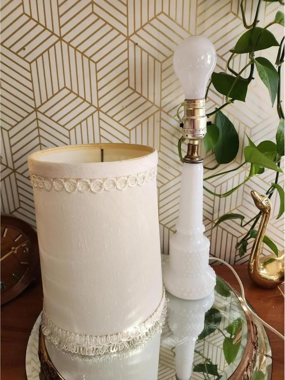 Vintage Milkglass Boudoir Table Lamp with Fringed Clip on Shade